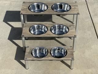 Raised Pet Bowls for Cats and Dogs, Outdoor Elevated Dog Cat Food and Water Bowls Stand Feeder on Aluminum Legs with 2 Stainless Steel Bowls Sizes for Small Medium and Large Dogs. - Large (Amaretto)