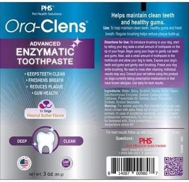 Ora-Clens Advanced Enzymatic Toothpaste – Safe and Natural Dog Oral Care Toothpaste – Freshens Breath, Fights Plaque and Reduces Tartar – Tasty Peanut Butter Flavor – 3 Oz
