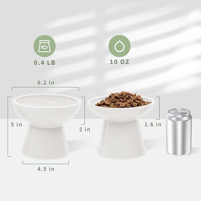 CEEFU 2 Elevated Ceramic Cat Bowls Extra Wide for Food & Water – Whisker Fatigue Shallow Food Dish, Lead & Cadmium-Free, Raised Height for Cats and Dogs, White