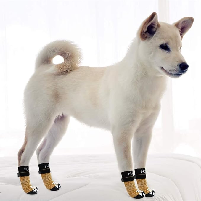 PUPTECK Anti-Slip Dog Socks with Double Sides Grips for Small Medium Large Dogs Hardwood Floors Prevents Licking, Dog Shoes for Hot Pavement Traction Control Paw Protector for Senior Dogs, Khaki L