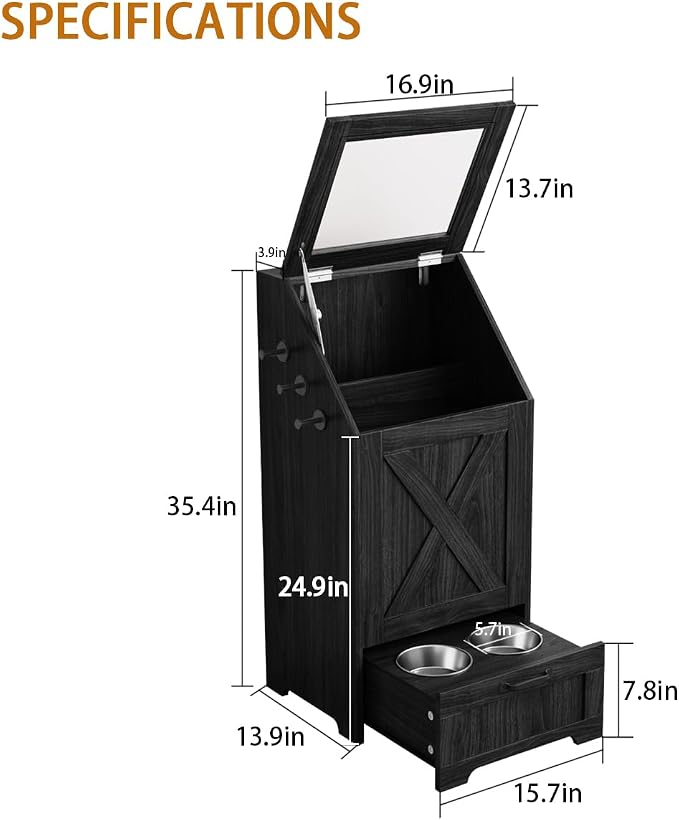 Dog Feeding Station,Dog Food Storage Cabinet,Pet Feeding Station with 2 Elevated Bowls,Hidden Pet Feeder Station with Hooks,Flip Top Pet Storage Organizer for Water,Feeding (Black)