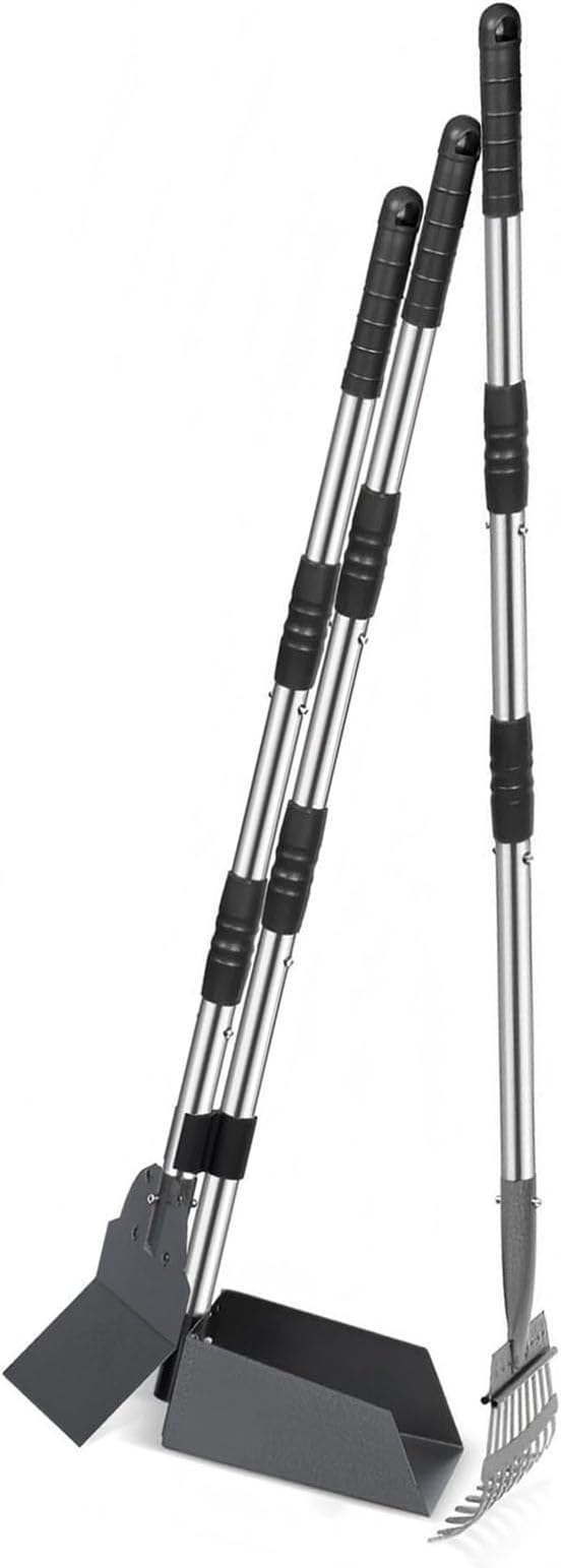 Dog Pooper Scooper Long Handle Adjustable, No Bending (Black) | Heavy Duty Stainless Steel Rake with Tray and Spade Set, Anti Stick, Easy Cleaning, for Grass, Dirt or Gravel