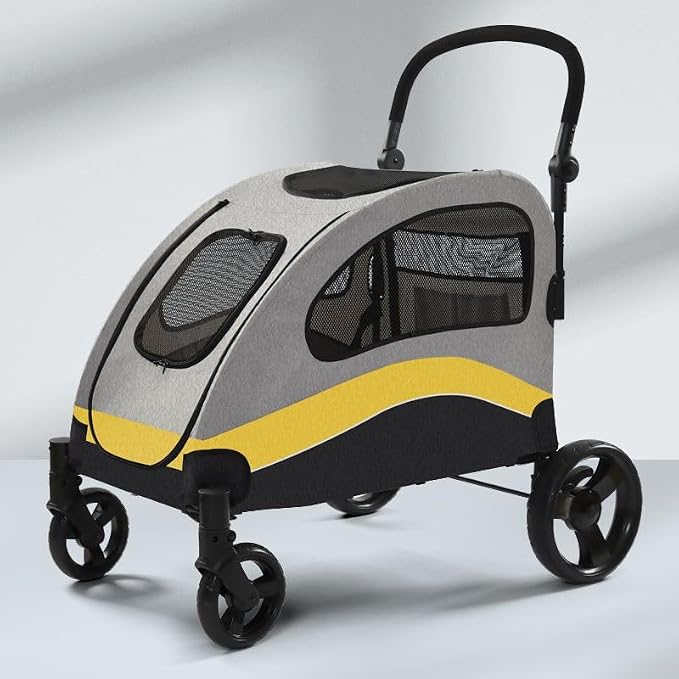 Garvee Extra Large Dog Stroller with Steel Pipe Frame, Wheels, Brakes, Shock Absorption, Foldable Design - Yellow