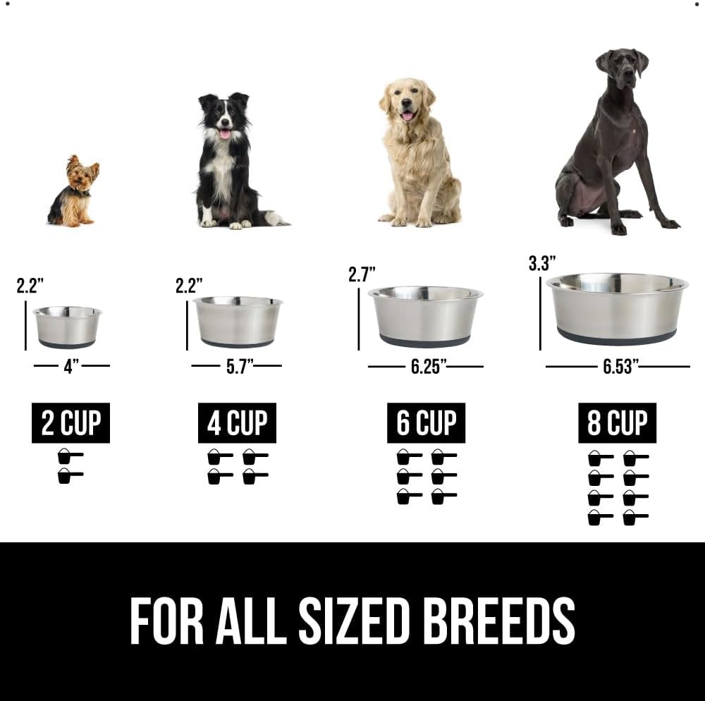 GORILLA GRIP Set of 2 Dog Bowls, Holds 8 Cups (64 fl oz), Heavy Duty Metal Food and Water Bowl for Feeding Dogs and Cats, Dishwasher Safe, Rust Resistant Stainless Steel, BPA Free Rubber Base, Gray