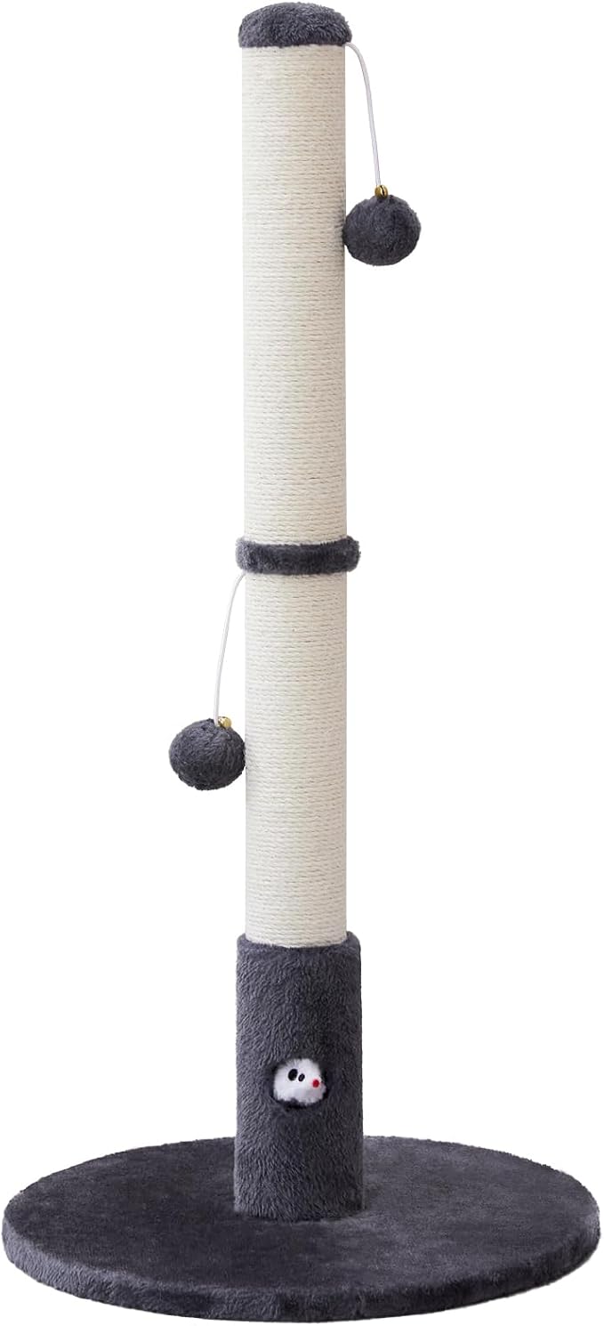 Woochpet 33'' Tall Cat Scratching Post for Adults Cats, Sturdy Large Scratch Pole with Hanging Ball with Fun Mouse Hole, Scratching Posts for Indoor with Durable Natural Sisal Rope (Darkgrey)