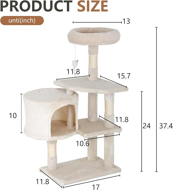 FDW | 36" Cat Tree Tower | Beige | Multi-Level Indoor Activity Center with Sisal Scratching Posts, Condos, Plush Perches, Hanging Cat Toys | Sturdy, Easy to Assemble | for Kittens & Adult Cats