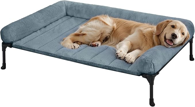 Veehoo Elevated Dog Beds Large Sized Dog with Fluffy Plush Bolster Cushion | Orthopedic Raised Dog Beds for Indoor Outdoor, Soft Pet Sofa Cot with Removable Washable Mat, No-Slip Feet, 42" x 30", Blue