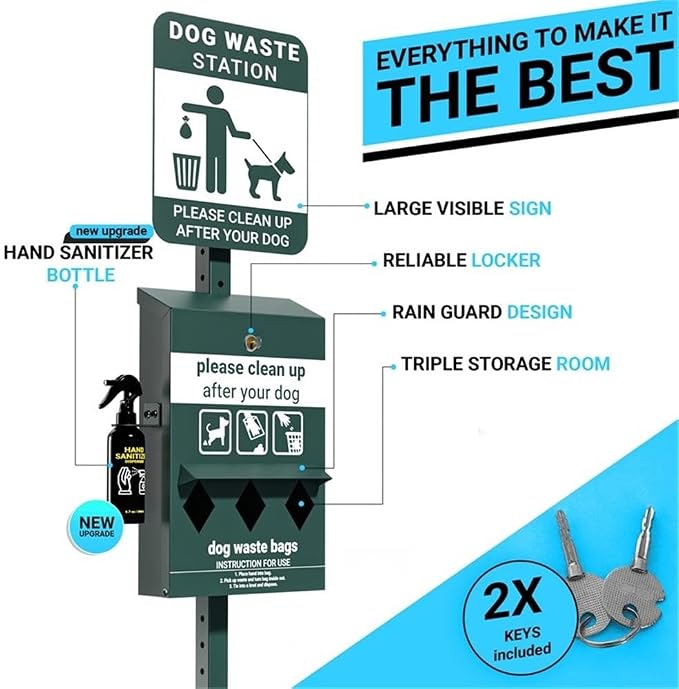 Pemberly Row Mini Pet Waste Station, Green Galvanized Steel, 76" Height, Glow-in-the-Dark Signage, Locking Triple Roll Bag Dispenser, Includes 600 Bags and Hand Sanitizer, Outdoor Commercial Use