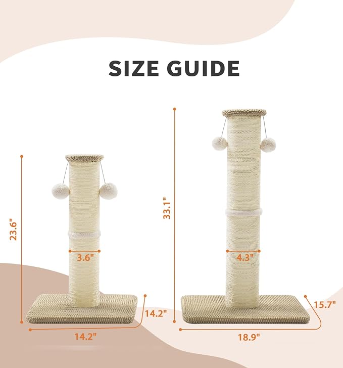 Made4Pets Tall Cat Scratching Post, 23.6" Natural Sisal Cat Scratcher with Hanging Balls, Heavy Duty and Thicker Scratching Post for Indoor Cats Adults, Sturdy Base Cat Scratch Post, Beige