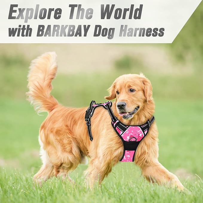 BARKBAY Dog Harness No Pull for Large Dogs Front Back Clips,Dog Vest | Soft Padded No Choke With Handle,Easy On&Off,Adjustable Reflective For Walking Training Running(Pink Camo,L)