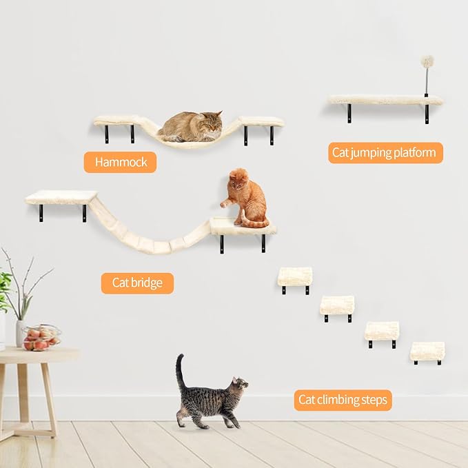 Wall-Mounted Cat Climber Set with Climbing Shelves, Perches, Bridge,Hammock,Scratching Board & Ball - 7 Pcs Wood Indoor Cat Furniture for Kittens Play (Dark Grey) | Multi-Level Climbing, Wood Wall Furniture, Perches, Bridge, Hammock, Scratcher, Indoor ...