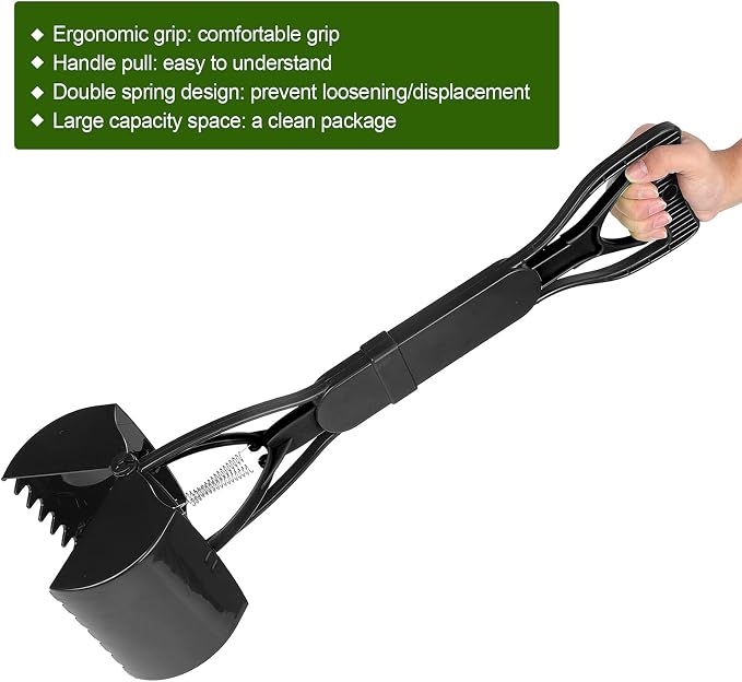 23 7 Inches Longer Handle Pet Jaw Poop Scooper for Large Small Dogs, Pooper Scooper, Portable Dog Cat Waste Picker Washing Tool with for Long-Lasting Spring for Grass, Sewage, Gravel(Black)