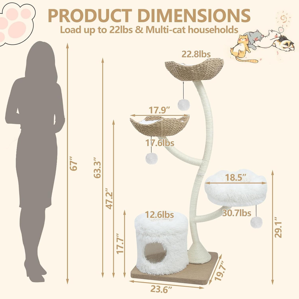 63” Tall Cat Tree Tower for Indoor Cats, Multi-Level Large Cat Climbing Furniture with Scratching Posts, Soft Perch, Cozy Cave, and Hanging Toys, Sturdy Design for Multi-Cat Households