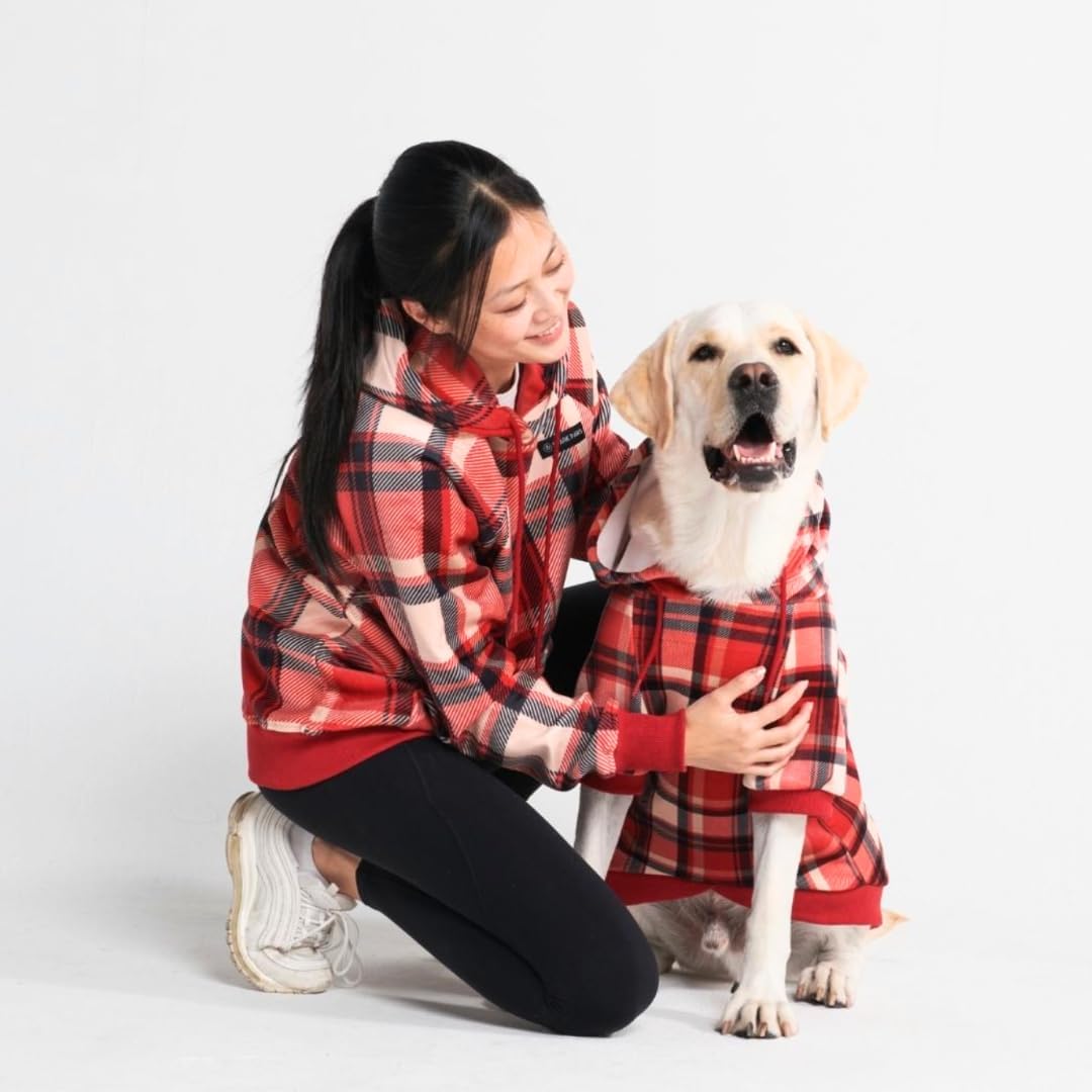 Spark Paws Dog Hoodie – Premium Dog Sweater for Small, Medium, and Large Dogs | Warm Outfits for French Bulldogs, Pitbull, Puppy, Winter Jacket Alternative - Red Plaid, 5XL