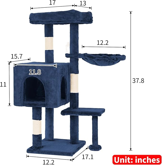 FDW 37.8 inch Cat Tree Cat Tower for Indoor Cats with Scratching Posts,Multi-Level Cat Furniture Activity Center Stand House Cat Condo Modern Cat Tower with Hanging Cradle & Funny Toy,Navy Blue