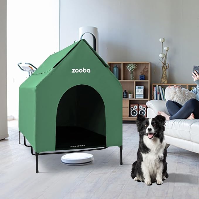 Zooba 48in XL Dog House Outdoor, Elevated Dog Bed with Canopy, Green | Weather-resistant 600D PVC canopy, breathable 2x1 Textilene elevated bed, steel frame; indoor or outdoor; easy to clean