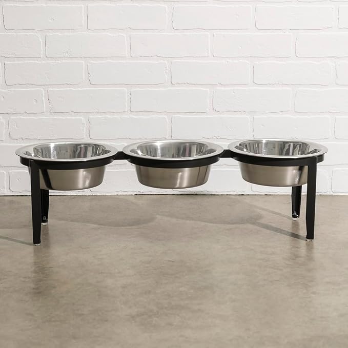 Vision Triple Diner - 3 Bowl Dog Feeder - Small to Medium Dogs - Multi-Dog Feeding Station - UV Weather Resistant - No Noise - Indoor/Outdoor (Black, Small - 5.5" Ht)