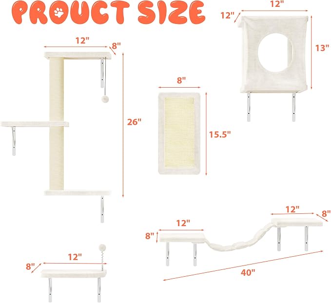 5 Pcs Cat Wall Shelves Set, Wall-Mounted Climber with Cat House, Scratching Post, Bridge, Hammock, Space-Saving Play Furniture, White