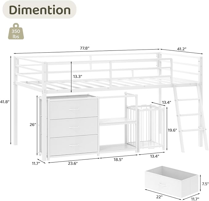 Bonnlo Low Loft Bed with 3 Drawers, 2-Tier Storage Shelf and Toy Storage Basket, Metal loft Bed Twin Size with LED Lights and Safety Guardrail for Kids (White)