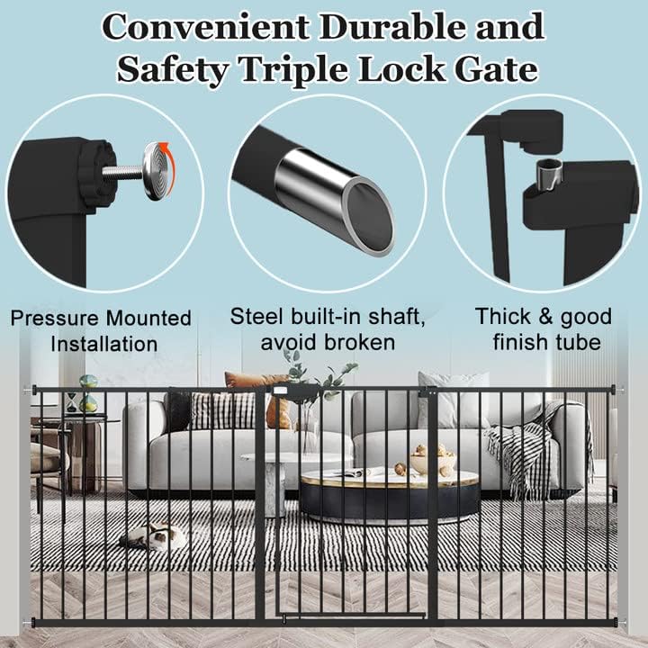 WAOWAO Triple Lock Baby Gate Extra Wide 72.04-76.77" Pressure Mounted Walk Through Swing Auto Close Safety Black Metal Dog Pet Puppy Cat for Stairs,Doorways,Kitchen