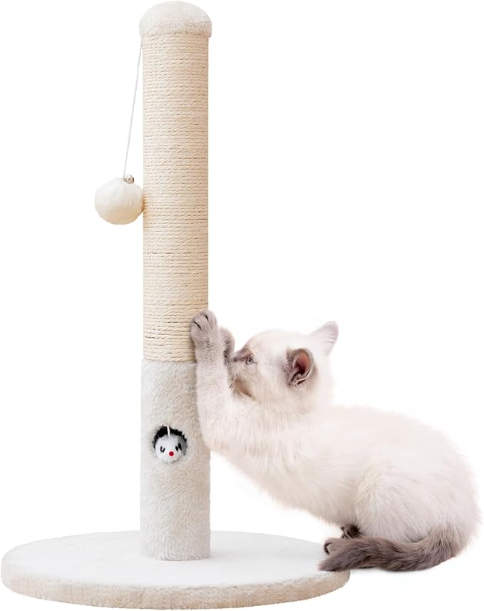 Woochpet Cat Scratching Post for Kitten, 23in Tall Cute Small Cat Scratching Post with Premium Sisal Rope and Dangling Cat Toy Balls (White)