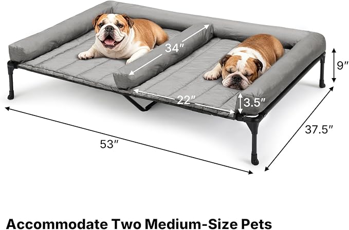 Veehoo Elevated Dog Bed for 2 Dogs, Cooling Raised Dog Bed with Bolster Mat | Outdoor Double Dog Bed with Removable Waterproof Cushion, Breathable Mesh, Non-Slip Feet for Outdoor & Indoor, 53", Grey
