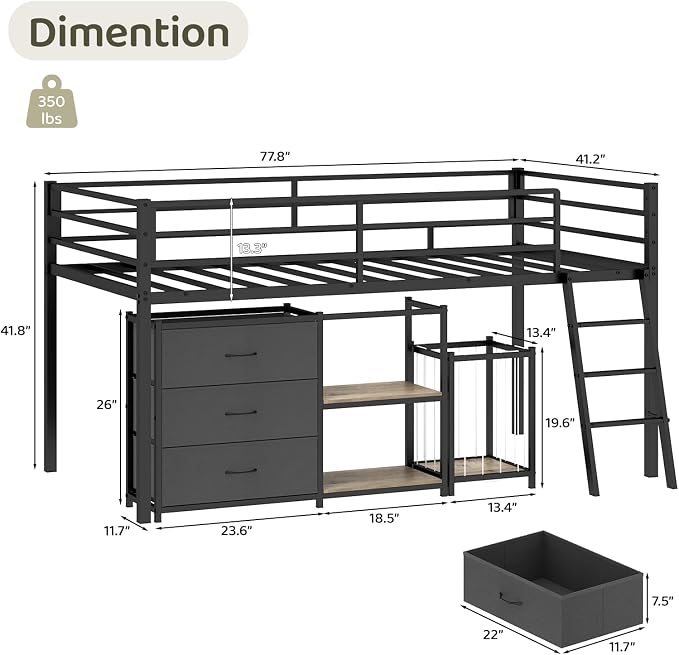Bonnlo Low Loft Bed with 3 Drawers, 2-Tier Storage Shelf and Toy Storage Basket, Metal loft Bed Twin Size with LED Lights and Safety Guardrail for Kids (Black)