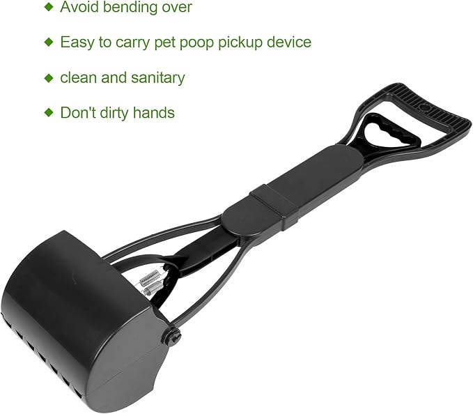 Pet Poop Scoop, Long Handle Jaw Scooper with Foldable Design, Heavy Duty Plastic, Nonstick Surface, Dog Waste Picker for Grass Lawn, Indoor Outdoor (Black)