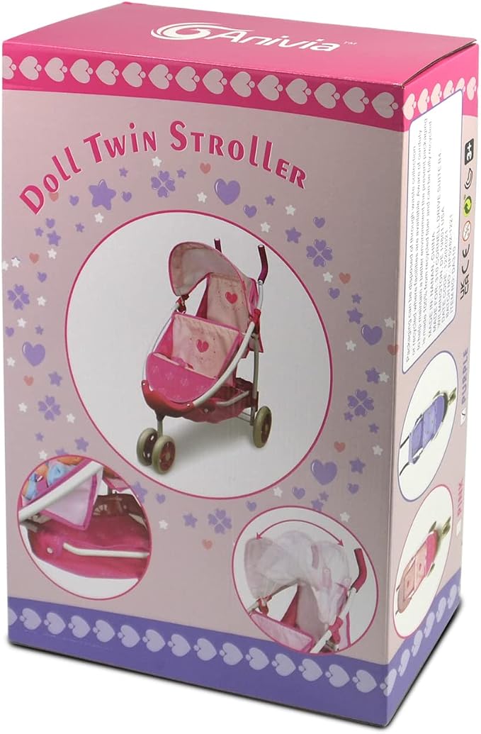 ANIVIA Twin Doll Stroller Heart Design, 1:1 Foldable Double Doll Pram, Suitable for Ages 3+, Dolls Up to 36cm, Pink, DA601T Black