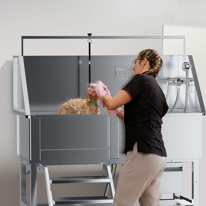 46" Dog Wash Station, 304 Stainless Steel, Side Stair, 440 lb | Storage Drawer, pet grooming tub, hot cold faucet, fixed sprayer, shampoo dispenser, S-trap, hair filter, garage outdoor use