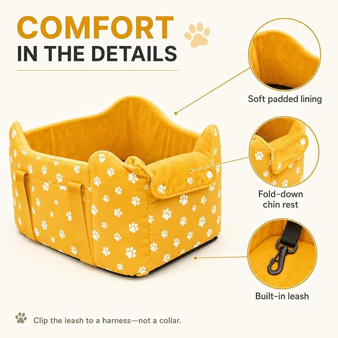 Small Dog Car Seat for Center Console, Yellow | Portable Puppy Armrest Booster for Dogs 5-15 lbs, Anti-Collapse Support with Washable Fluffy Cushion