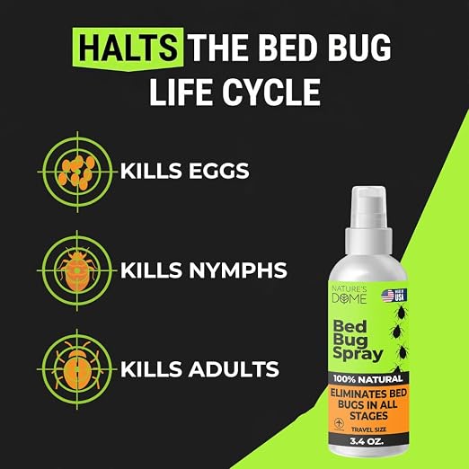 Nature's Dome TSA Approved Travel Bed Bug Spray (3.4 oz) – Natural Bed Bug & Mite Killer, Destroys Eggs on Contact, Non-Staining for Hotel Mattresses & Luggage