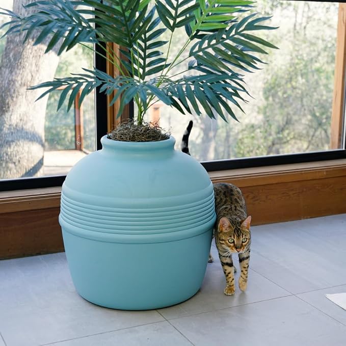 Good Pet Stuff Original Hidden Litter Box Planter, Decorative Cat Litter Enclosure with Carbon Filter, Artificial Palm Plant, Upgraded Design, Easy to Clean, Base Kit, Caribbean Blue