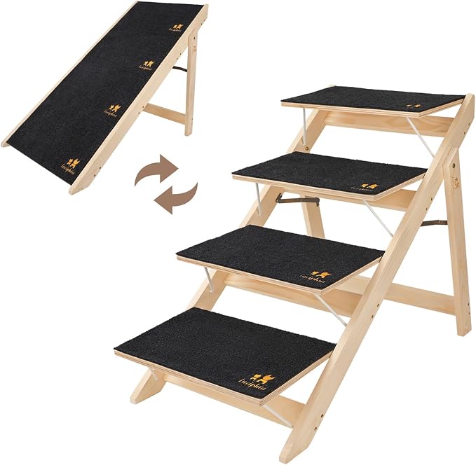 Luciphia Wooden 2-in-1 Dog Stairs, 4-Step Foldable Anti-Slip Pet Steps | For beds, cars, and couch, supports up to 220lbs, ideal for small, aged, and injured dogs and cats, indoor and outdoor use