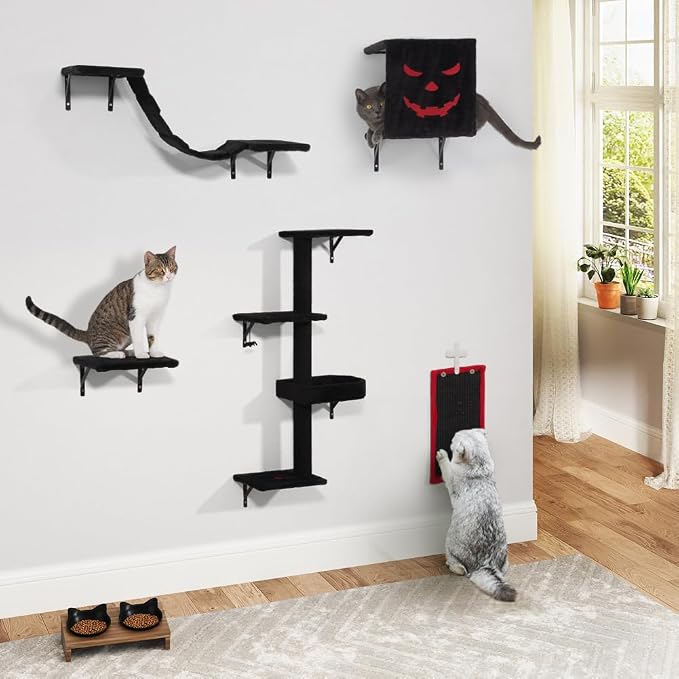 5 Pcs Wall-Mounted Climber Set, Wood Indoor with Shelves and Perches, Ladder, Condo House, Scratching Board and Tree, Wall Shelves Furniture for Cats (Black&Red)