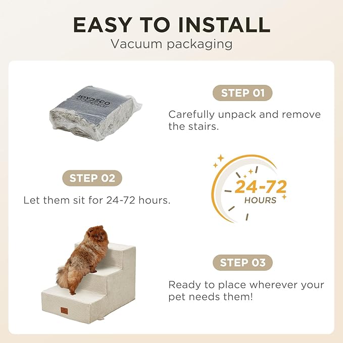 Joydeco Dog Stairs for Bed 15" H, 3-Step Pet Steps for Small Dogs and Cats, Dog Steps for High Bed, Non-Slip Balanced Ramp Indoor Pet Stairs, Beige