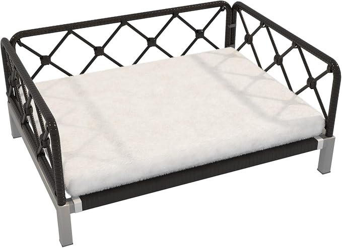 Elevated Waterproof Dog Beds with Egg Crate Foam Support, Outdoor Dog Sofa Bed PE Wicker Orthopedic Pet Bed with Washable Removable Cushion for Large, Medium, Small Dogs (White)