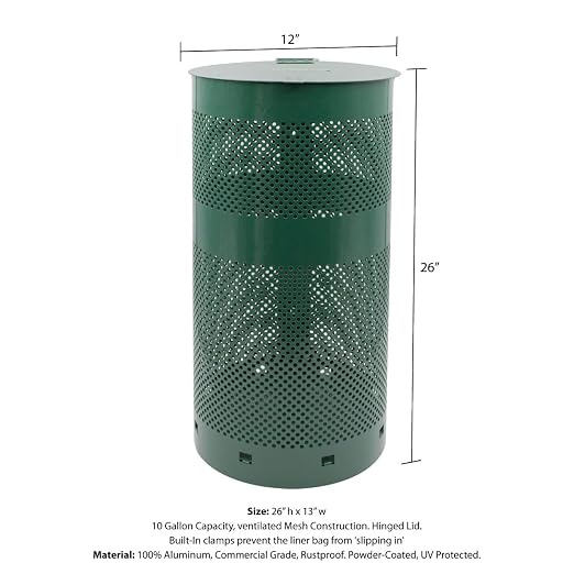 Discontinued - Aluminum Outdoor Trash Can, 10 Gallon - Matte Green | Commercial-grade rust-proof aluminum outdoor trash can with lid, liner clamps, post-mount hardware & 10-year warranty