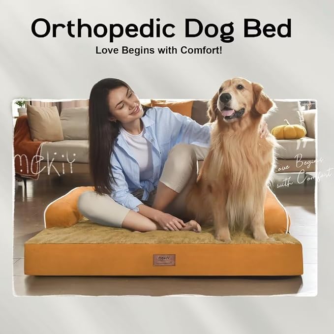Orthopedic Waterproof Jumbo Dog Bed with Bolster for Extra Large Dogs | Pillow Support for Neck Relief, Egg Crate Foam, Waterproof Liner, Anti-Slip Bottom, Removable Bolster Cover, 53 x 42 Inch