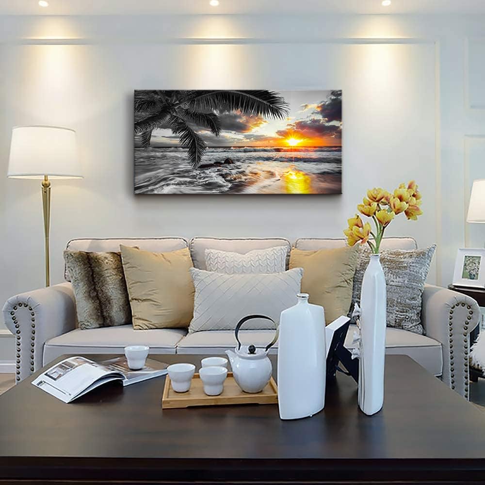 Yxbhhym-Black and White Wall Art Beach Décor Large Ocean Canvas Pictures Wave Sunrise Seascape Print Painting Palm Poster Sea Artwork for Office Wall Art Bedroom Accessories Living Room Décor