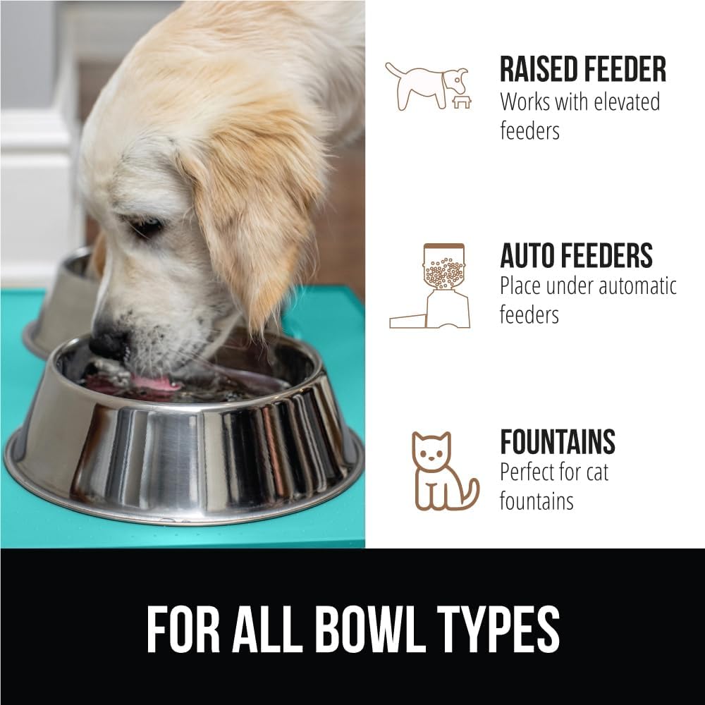 GORILLA GRIP 100% Waterproof Raised Edge BPA Free Silicone Pet Feeding Mat, Dog Cat Food Mats Contain Spills Protects Floors, Placemats for Cats and Dogs Water Bowl, Pets Accessories 28x18 Turquoise