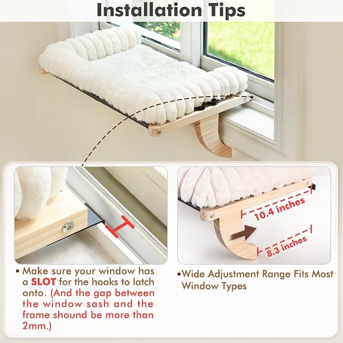 Cloud-Soft Cat Window Sill Perch with Zipper Designed Cushioned Bed, Supportive Cat Window Seat with Premium Solid Wood & Sturdy Metal Frame, Pet Hammock Bed for Large Cats (X-Large, White)