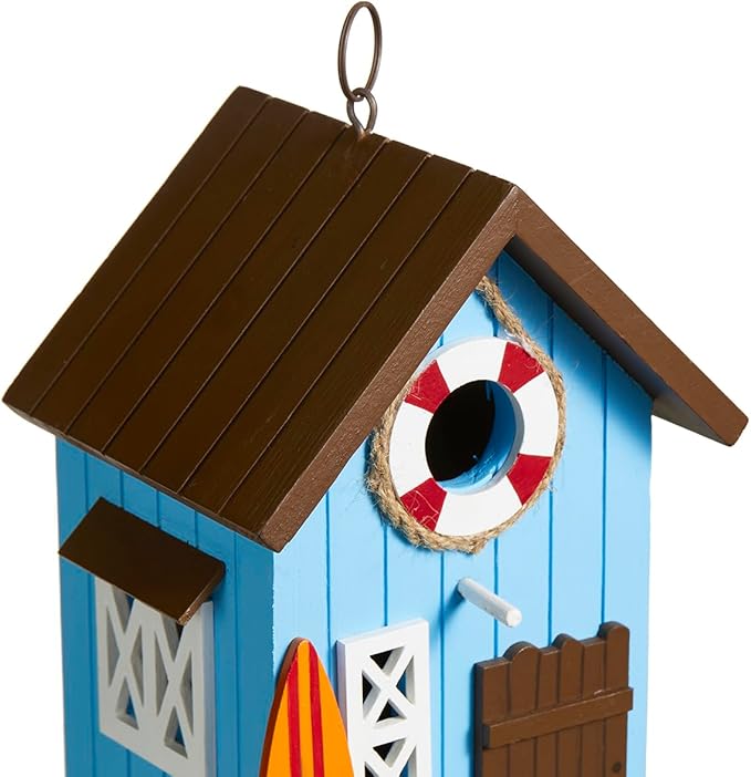 Glitzhome Blue Bird Houses for Outdoors, 10" H Modern Solid Wood Cottage Hand Painted Hanging Bird House Beach Hut Decorative Pet Cottage Outdoor Garden Birdhouse for Wren Finch Cardinals,Blue