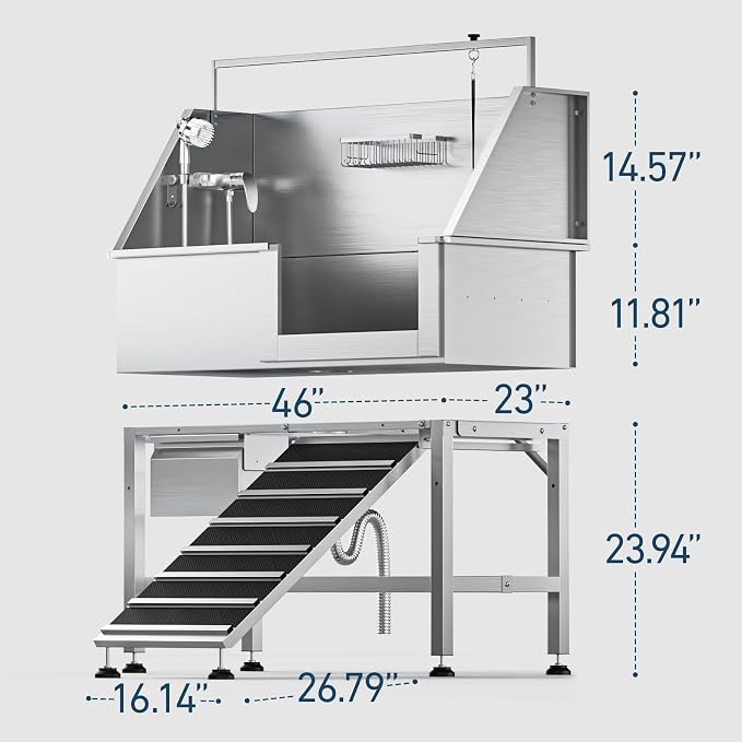 46" Dog Wash Station, 304 Stainless Steel, Side Ramp, 440 lb | Storage Drawer, pet grooming tub, hot cold faucet, fixed sprayer, shampoo dispenser, S-trap, hair filter, garage outdoor use