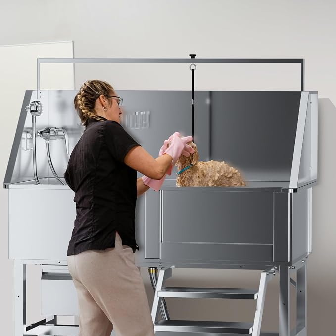 46" Dog Wash Station, 304 Stainless Steel, Side Stair, 440 lb | Storage Drawer, pet grooming tub, hot cold faucet, fixed sprayer, shampoo dispenser, S-trap, hair filter, garage outdoor use