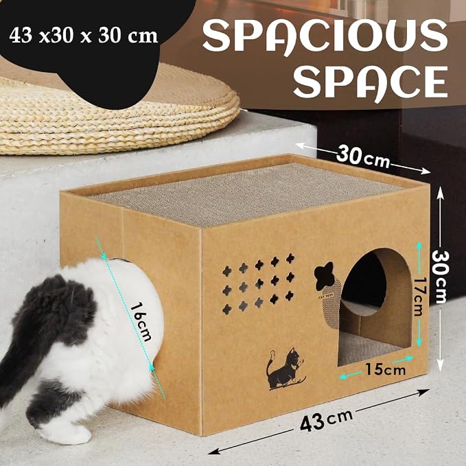Cat Cardboard House with 2 PCS Scratching Pads,Large Cat Scratcher Bed Cat Scratchers Lounge for Indoor Cats with Corrugated Board Detachable Cat Scratcher Box for Cats(Cactus)