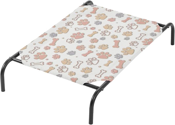 QOOMO Elevated Dog Bed with Cooling Fabric, Pet Cot for Small and Big Dogs, Indoor and Outdoor Use, Joint Relief, Cute Printed Cushion Included (Orange Paw Prints, 35.43" L*25.59" W*8.27" Th)