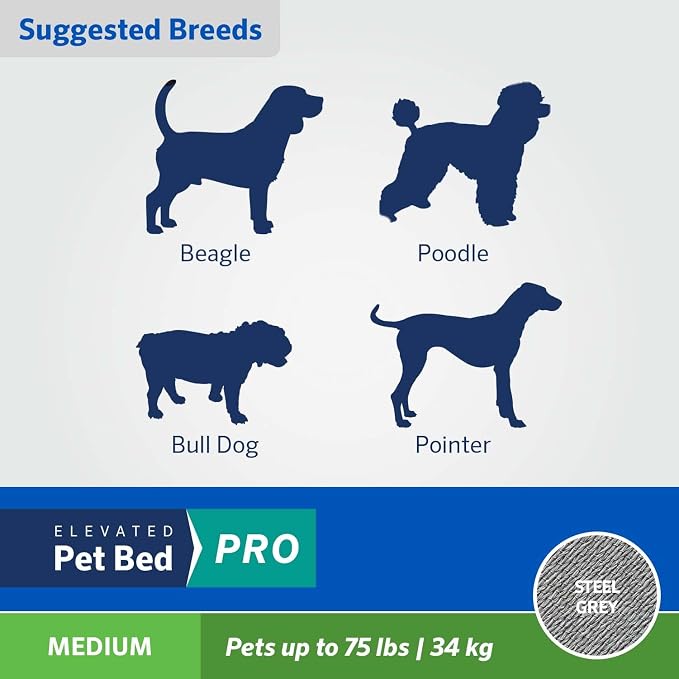 Coolaroo Pro Elevated Dog Bed - Low-Profile Access, Moisture-Resistant Cover, Breathable Fabric & Tool-Free Setup, Steel Gray, Medium