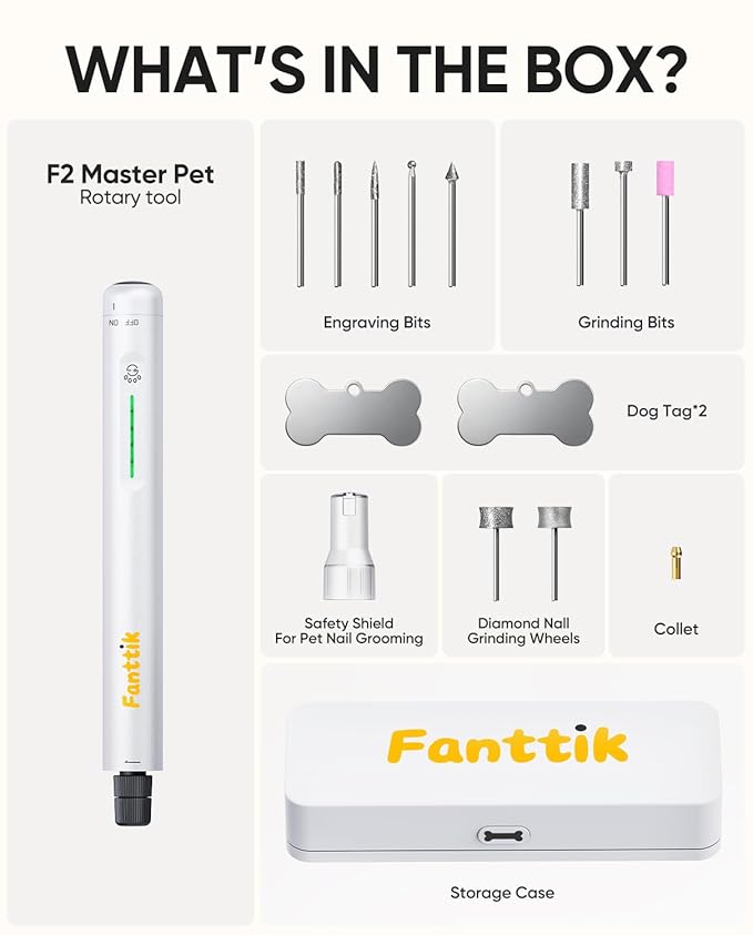 Fanttik F2 Master Pet Dog Nail Grinder Quiet, Safe Electric Rechargeable Pet Nail Trimmer with LED Light, 5-Speed Variable Paws Grooming Tool Kit, DIY Name Tags for Small Medium Dogs & Cats, White