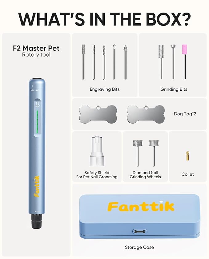Fanttik F2 Master Pet Dog Nail Grinder Quiet, Safe Electric Rechargeable Pet Nail Trimmer with LED Light, 5-Speed Variable Paws Grooming Tool Kit, DIY Name Tags for Small Medium Dogs & Cats, Blue